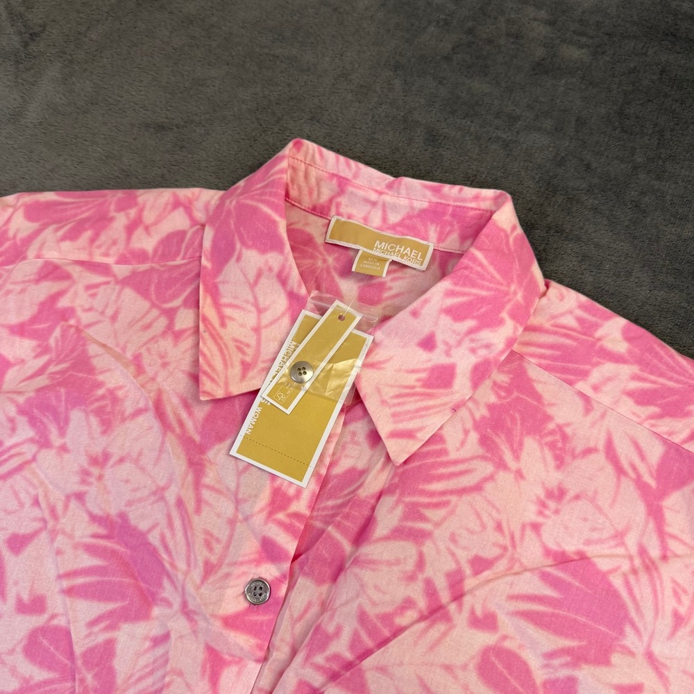 Michael Kors Bouquet Tie Front Shirt Womens 0X Pink Floral Organic Cotton NWT